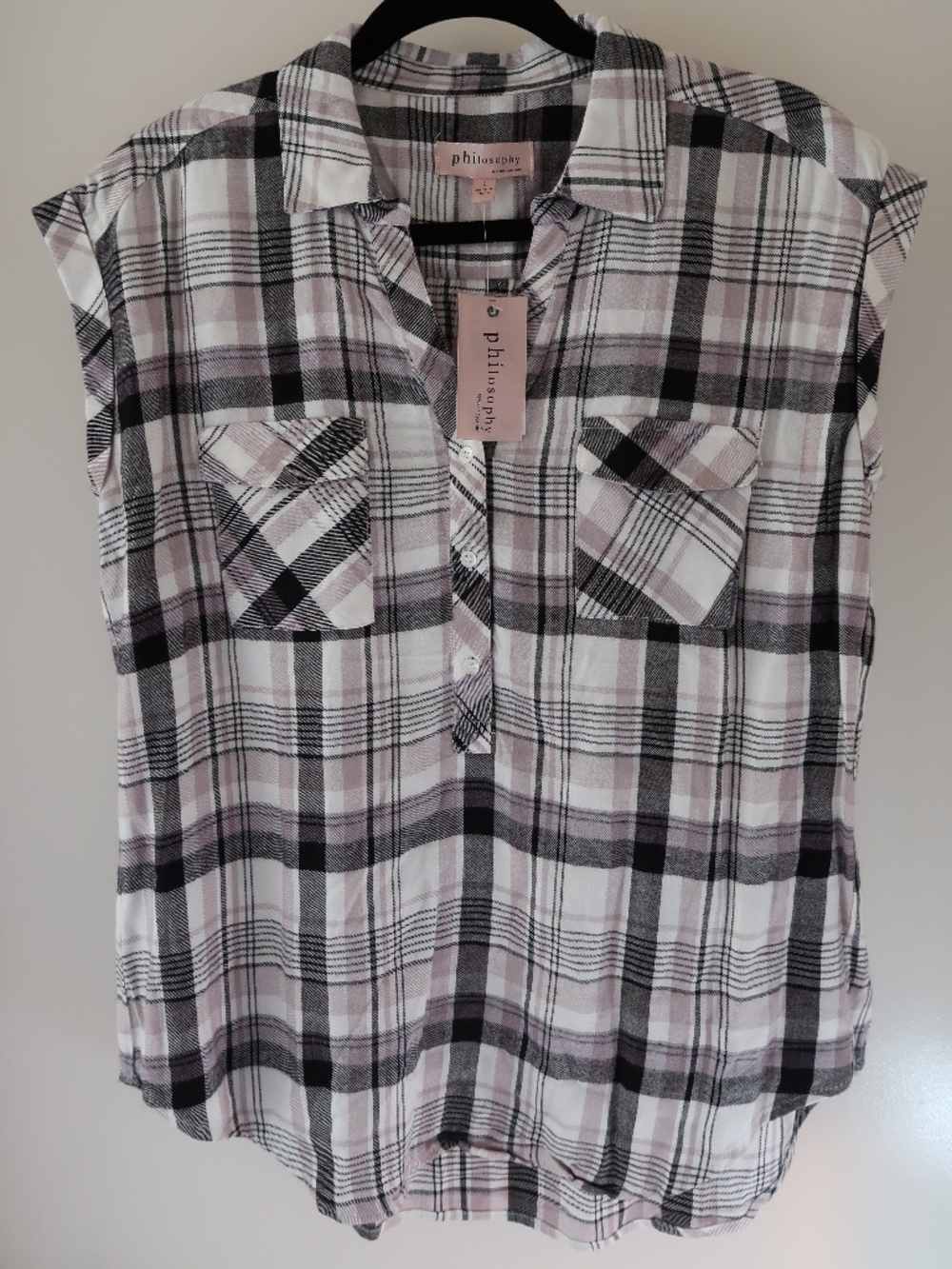 Philosophy Women's L Plaid Flannel Pink Grey White Rayon Blouse Shirt